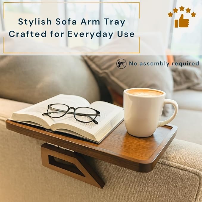 Sofa Table Tray - Bamboo Couch Armrest Table Universal Fit - Sofa Table With Non-Slip Pads to Keep Things in Place -13 x 9.5 Inch – Armrest tray table for couch – (Brown)