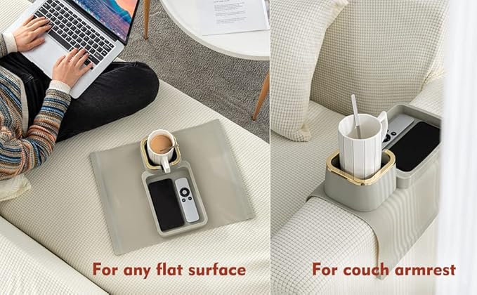Couch Cup Holder Tray, Elimiko Silicone Anti-Spill and Anti-Slip Couch Drink Holder, Strong and Weighted Phone/Remote/Snacks Sofa Cup Holder (Black)