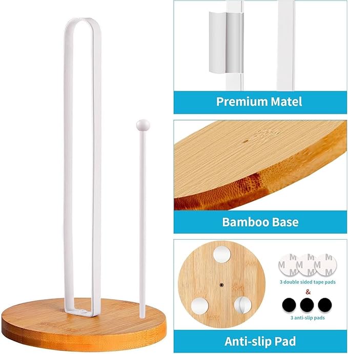 Wooden Paper Towel Holder Countertop, Kitchen-Towel-Holder FreeStanding with Side Bar for Kitchen Bathroom
