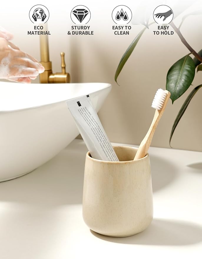 BosilunLife Bathroom Toothbrush Holder - Ceramic Toothbrush Cup Holder 13Oz Greige Toothbrush Holder for Bathroom Toothbrush and Toothpaste Holder for Bathroom Vanity Countertop, Ideal for Home, Hotel