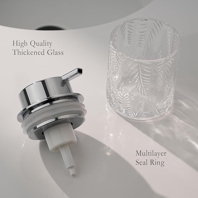 CICUFY Foaming Hand Soap Dispenser - Glass Foam or Lotion Dispenser for Kitchen & Bathroom, Refillable with Large Silver Pump (Leaf Pattern-Clear)