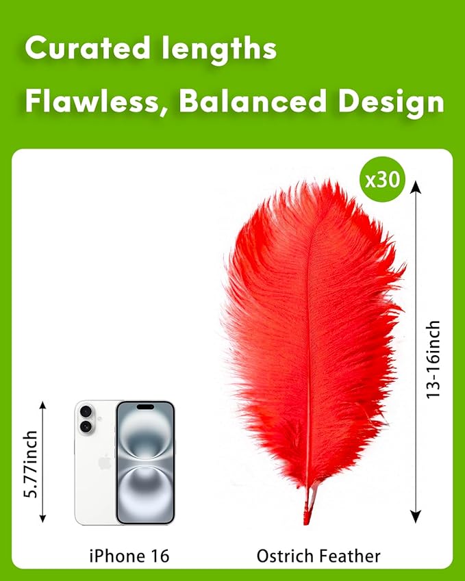 30pcs Red Ostrich Feathers Natural Bulk 13-16in(33-40cm) Vase Craft Wedding Home Party Centerpieces Christmas Day Decoration