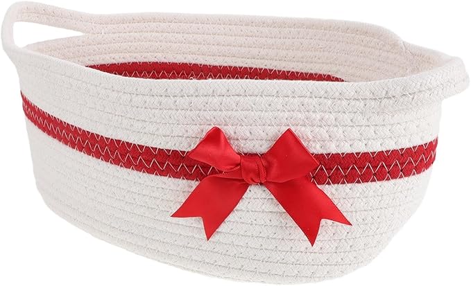 LOGOFUN Christmas Basket Empty with Bow Woven Cotton Rope Storage with Handles for Wedding Baby Showers Holiday Decor