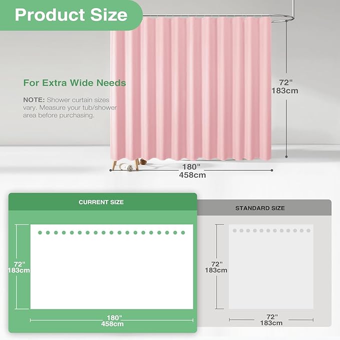 Dynamene Extra Wide Shower Curtain - 180 Inch Wide Waffle Weave Weighted Thick Cloth Bathroom Shower Curtain, Neutral Heavy Duty Hotel Bath Curtain Set with 32 Plastic Hooks, 180x72, Pink