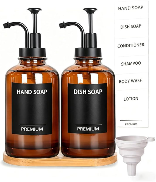 Amber 18 Oz Dish Soap Dispenser for Kitchen, Ultra-Thick Glass Soap Dispenser Set with Tray, Pump, Funnel for Bathroom, Liquid, Lotion, Shower, Laundry, (2 Pack with 12 Stickers)