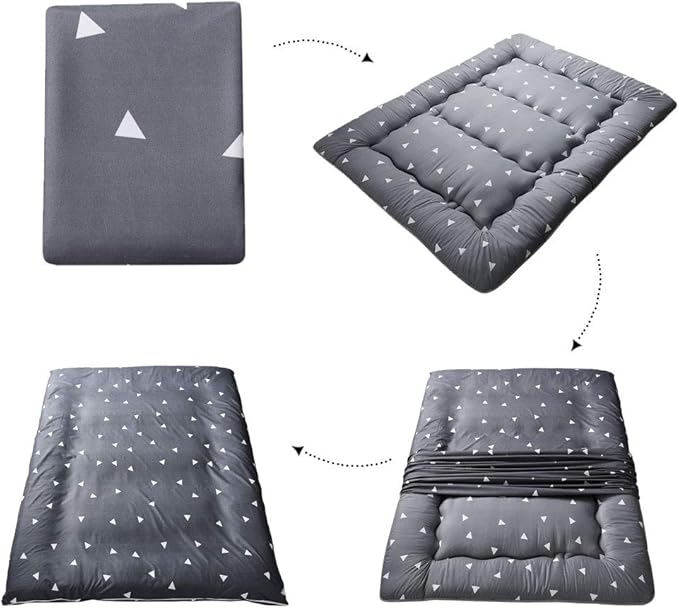 MAXYOYO Grey Triangle Japanese Floor Futon Mattress, Tatami Floor Mat Portable Camping Mattress Kids Sleeping Pad Foldable Roll Up Floor Lounger Pillow Queen Size with Mattress Protector Cover