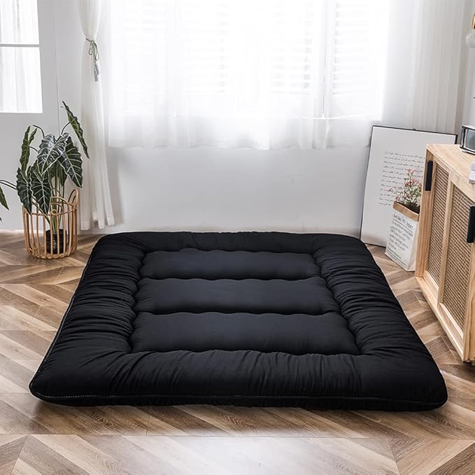 MAXYOYO Japanese Floor Mattress Futon Mattress, 4" Thicken Tatami Mat Sleeping Pad Foldable Roll Up Mat Boys Girls Dormitory Pad Kids Floor Lounger, Black, Full