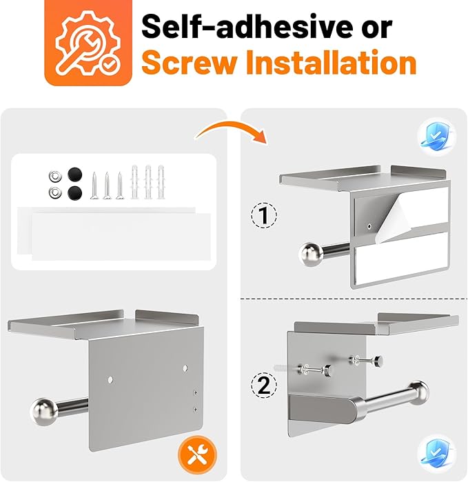 Matte Silver Toilet Paper Holder with Shelf, Wall Mount, Rustproof Stainless Steel, Fits Double Rolls, No-Drill Adhesive or Screw Mount for Bathroom, Kitchen, RV