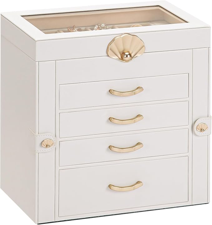 Enthralite Jewelry Box with 4 Drawers: Display Organizer for Earrings Necklaces - Gifts for Girls Women (White)