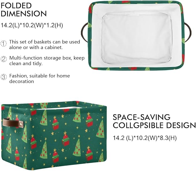 Christmas Storage Basket, Collapsible Canvas Box with Green Tree Pattern, 14.2x10.2x8.3 Inches, Decorative Organizer for Bedroom Storage with Leather Handles