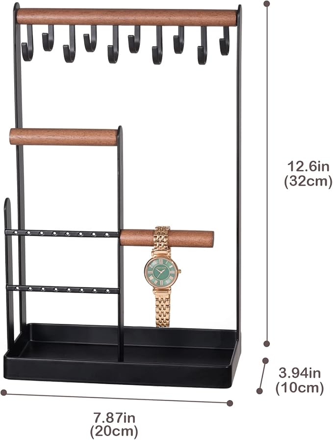 ProCase Jewelry Stand Holder Organizer, 4-Tier Necklace Holder with Ring Tray, 10 Hooks Necklaces Hanging Small Jewelry Display Storage Tower Tree for Bracelets Earrings Watches -Medium, Black
