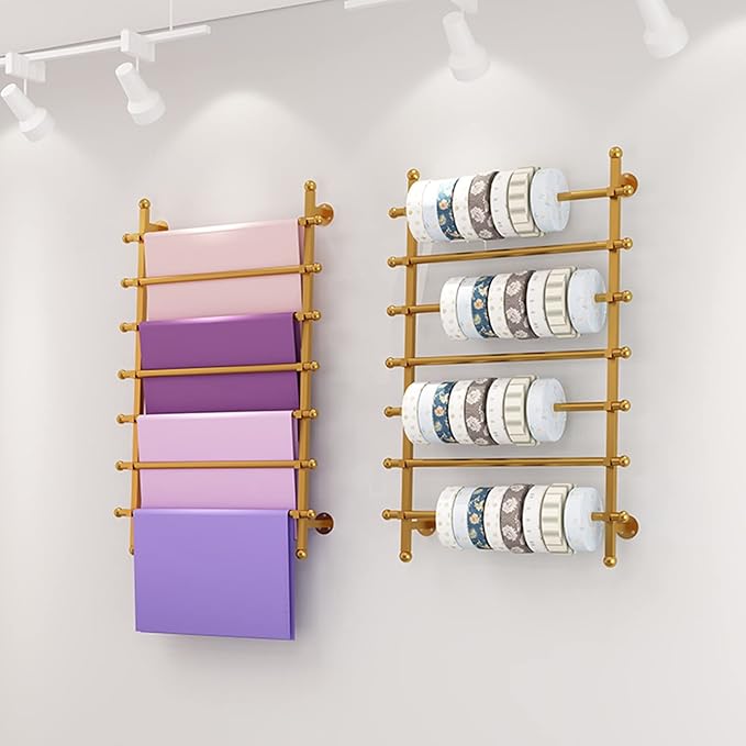 Flower Shop/Gift Shops Wrapping Paper Ribbon Display Stand Rack, Wall Mounted Metal 7 Tier Multi-Purpose Organizers for Silk Scarf/Shawl/Fabrics (Gold 100cm/39.4in wide)