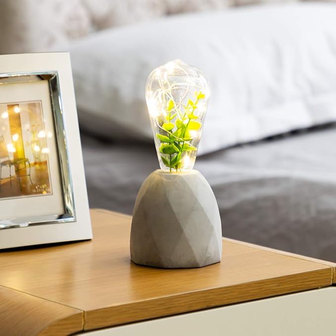 walsport Table Lamp Edison Bulb with Artificial Plant, Concrete Cement Grey Base Nightstand Bedside Lamp, Industrial Minimal Style for Cafe Shop Home Decor Christmas Birthday Christmas Gift