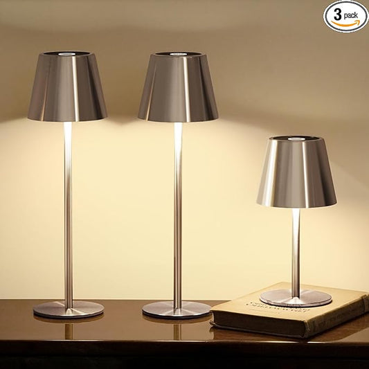 3 Pack Cordless Table Lamp, Portable Battery Operated Lamp with 3 Color Temps and Stepless Dimming, Rechargeable Table Lamp for Dinner, Desk, Cafe, Outdoor (Brushed Silver)
