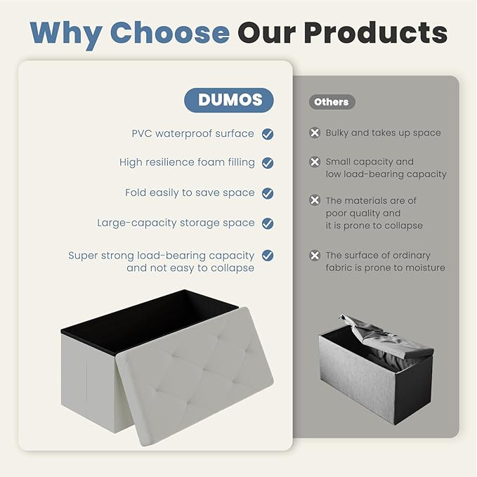 DUMOS 30 Inches Folding Ottoman with Storage Bench, Foot Rest Stool, End of Bed Storage Bench Upholstered, Load 660 lbs, for Living Room, Lychee Grain Leather, Grey