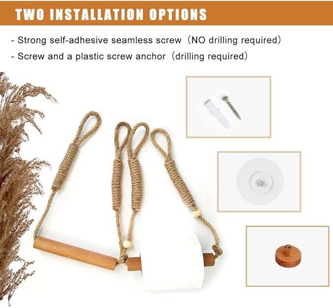 Wood & Rope Wall Toilet Paper Holder, Rustic Tissue Rolls Paper Holder Wall Mounted, Nautical Rattan Bathroom Accessories with Self-Adhesive Seamless Screw (Walnut-Colored)