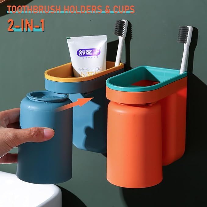 Toothbrush Holder Wall Mounted with Cup,2-in-1 Toothbrush Holders & Cups Set,Inverted Design for Easy Cleaning and draining,Stick-on Toothbrush Holder for Bathroom (Green)