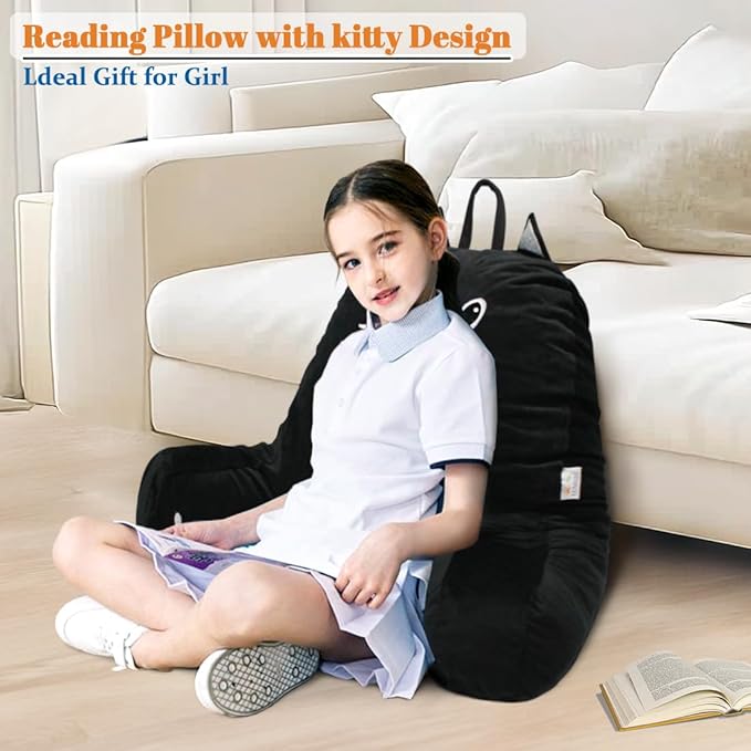 SUNSIDE Kitty Reading Pillow for Sitting in Bed, Shredded Memory Foam Cute Back Pillows for Adult and Children with Arms, Cat Design Bed Pillow, Back Support Pillow with Washable Cover