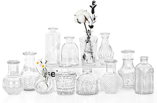 Mini Bud Vases Centerpieces for Tables,Clear Bud Vases for Flowers,Small Flower Vases Suitable for Birthday Party,Anniversary,Wedding Reception,Baby Shower (Clear, 12PCS)