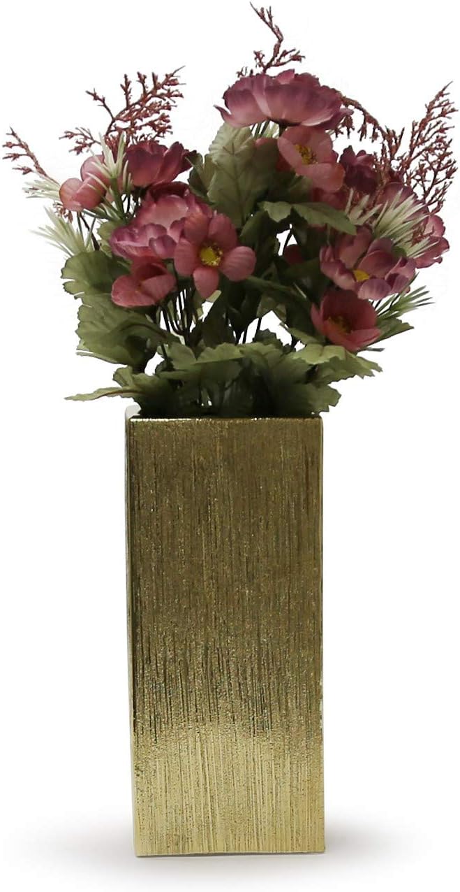 WGV Ceramic Block Vase 5" W x 12" H, (Multiple Size/Color Choices) Matte Tall Square Flower Planter Pot, Accents Home Office Tabletop Decor, Ideal Gifts Gold Textured 1 Piece (CSB0512GX)