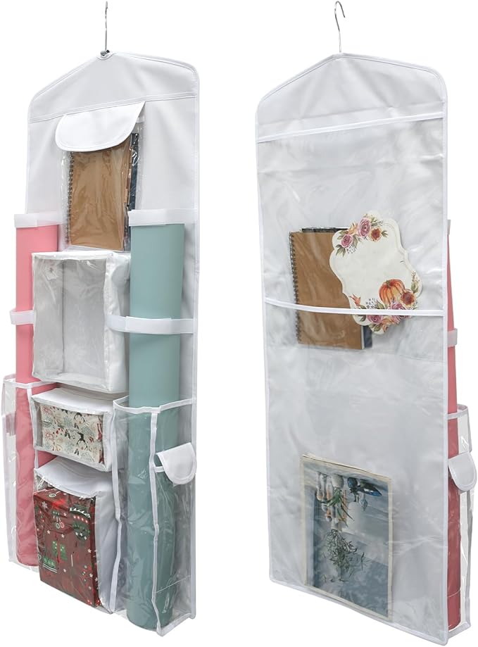 Wrapping Paper Storage - Double-Sided Hanging Wrap Organizer, Compartmental Wrap Organizer Holder, Wrapping Paper Storage Containers, Behind The Door Storage for Kitchen Bedroom Closet (White)