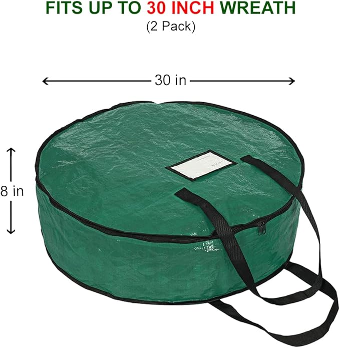 ProPik Christmas Wreath Storage Bag 30" - Garland Holiday Container with Tear Resistant Material - Featuring Heavy Duty Handles and Transparent Card Slot - 2 Pack (30 Inch, Green)