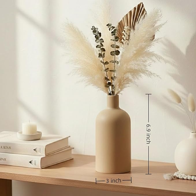 Neutral Boho Ceramic Brown Decorative Vase, Modern Matte Minimalist Vases for Shelf, Coffee Table, Living Room & Fireplace Mantel Decor