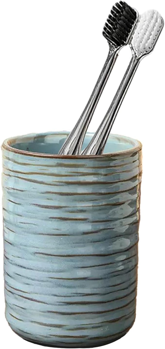 Ceramic Toothbrush Holder for Bathroom, Ceramic Toothbrush Cup, Toothpaste Organizer for Bathroom Countertop, Bathroom Storage Organizer, Kiln Transformation Cup (Vintage Blue)