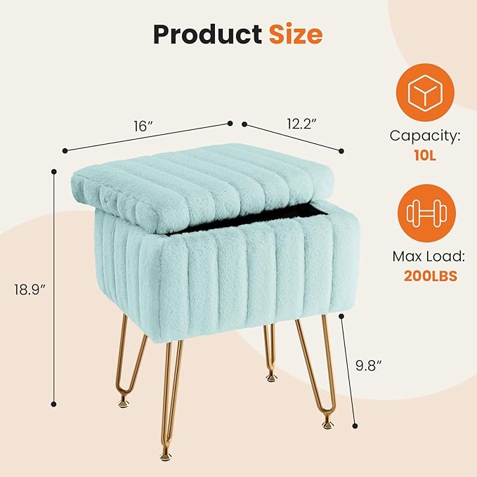 DUMOS Vanity Stool Chair, Ottoman with Storage, Makeup Cute Soft Small Footstool, Modern Style Faux Fur Seat with 4 Metal Legs & Adjustable Feet for Dressing, Living Room, Bedroom, Dorm, Green