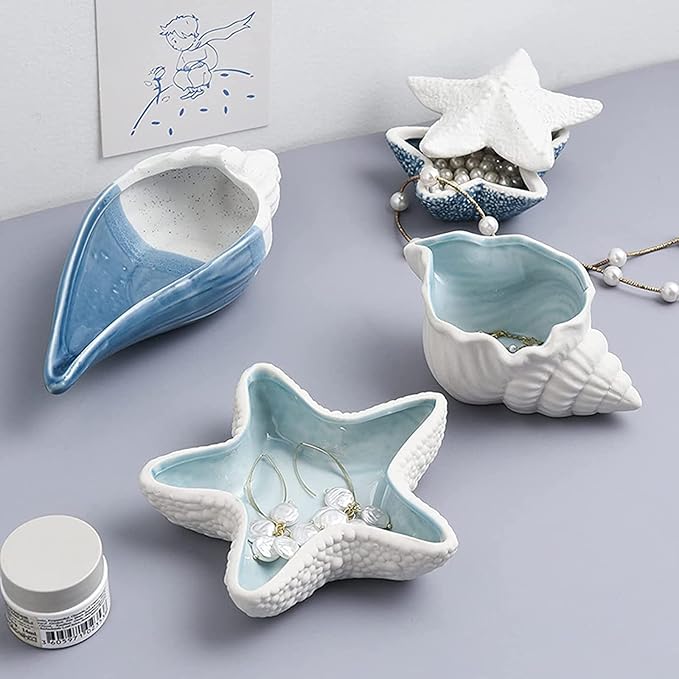 Starfish Jewelry Dish Tray - Ceramic Ring and Trinket Holder - Ocean Style Table Decoration for Earrings and Candy Storage