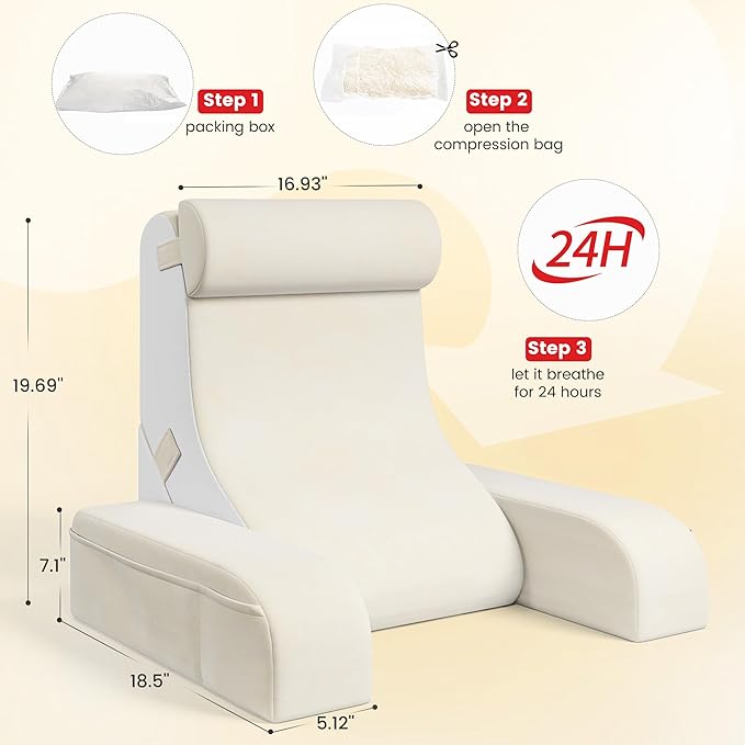 Homkdom Reading Pillow for Sitting in Bed Adult, 20" Back Pillow for Bed Sitting up with Armrests & Storage Pockets, Ergonomic Wedge Pillow for Watching TV, Gaming, Working, Recovery, 5PCS, Beige
