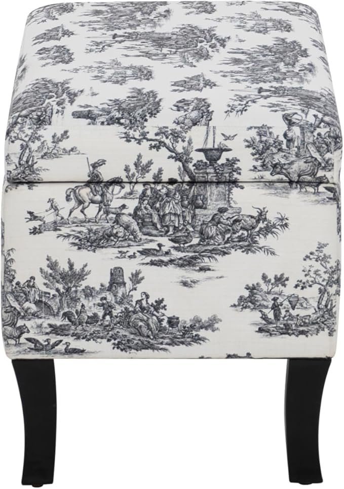 Linon Stephanie Black and White Toile Fully Upholstered Bench with Hidden Interior Storage