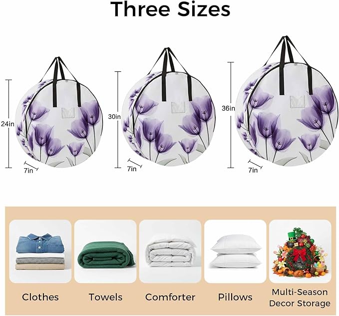 Spring Floral Round Storage Bag 36 Inch, Purple X-ray Tulip Looming Flower Leaf Modern Clothes Storage Container with Handles Heavy Duty Organizer for Comforter, Bedding & Holiday Wreaths