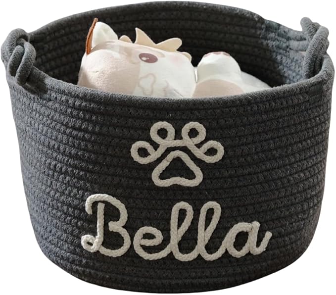 FKOG Hand Personalized Cotton Rope Storage Basket, Custom Pet Dog or Cat Name Basket Organizer, Pet Dog Gift Basket, Puppy Toy Bag (Black Pet Basket)