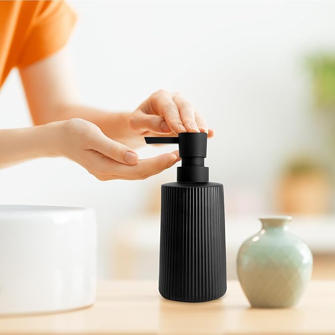 Glass Soap Dispenser for Bathroom, 250ml/8.5oz Dish Soap Dispenser with Pump for Kitchen, Modern Minimalist Stripe Style Hand Soap Dispenser, Small Refillable Soap Dispenser (Black 2pcs)