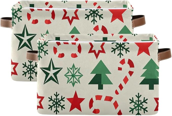 Christmas Storage Baskets, Canvas Fabric Bins with Holiday Pattern, Collapsible Organizer with Handles, 14.2x10.2x8.3 Inches