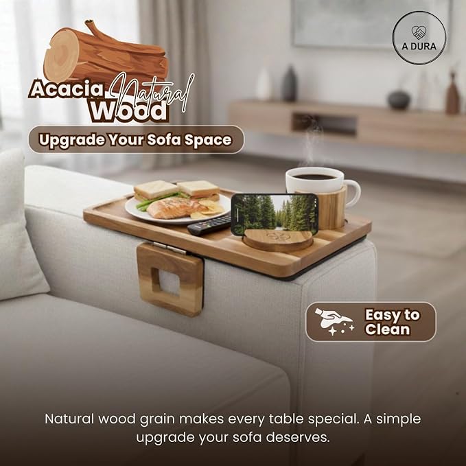 Acacia Wood Sofa Armrest Tray Table with Cup Holder & Phone Stand – 3-in-1 Clip-On Couch Arm Tray Table, Rotating Drink & Phone Holder for Couch, Sofa & Living Room