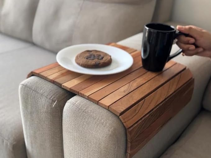Vesta Homes Sofa Armrest Tray Set of 2 | Acacia Wood | Tambour Tray | Flexible and Foldable | Dining Table Mat | Suitable for Food, Drinks, Snacks, Cup | 17 * 11 Inches | Handcrafted in India