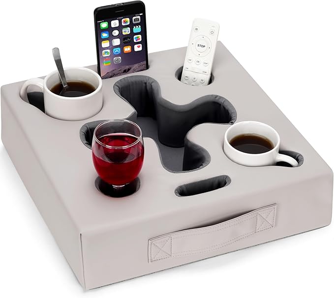 Couch Cup Holder Pillow-Sofa Cup Holder for Bed, Rv, Tv, Car, Man Cave, Backseat | Remote, Drinks, Snacks Tray Caddy Cupholder (PULightGrey)