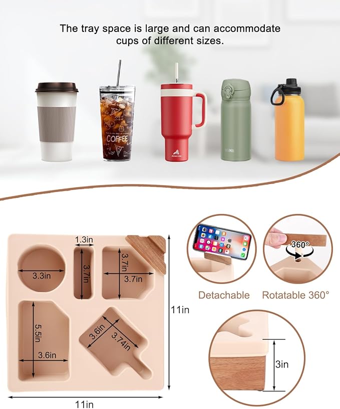 Couch Cup Holder Tray, Silicone Wooden Couch Caddy with Cup Holder for Snacks, Drinks, Remotes, Waterproof Cup Holder for Couch, Organizer, Couch Drink Holder, Easter Gifts