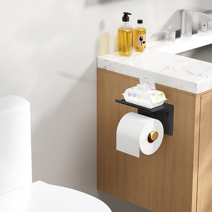 FORIOUS Toilet Paper Holder with Shelf, Adhesive or Screw Wall Mount Toilet Paper Roll Holder for Bathroom, Rustproof 304 Tissue Dispenser with Phone Shelf (1, Matte Black & Brushed Gold)