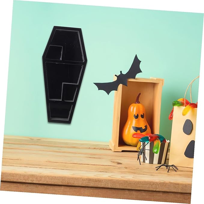 Coffin Shaped Storage Rack Gothic Organizer for Halloween Decor Unique Display Shelf for Creepy Collectibles Design for Parties and Haunted House Themes