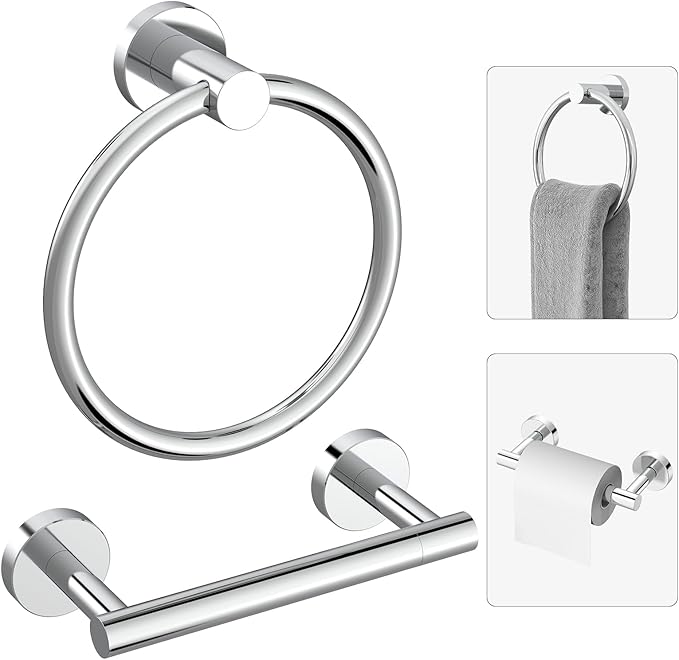 Toilet Paper Holder & Towel Holder, Bathroom Hardware Set-SUS304 Stainless Steel Double Post Pivoting Tissue Roll Holder and Hand Towel Ring Set for Bathroom, RV, Chrome
