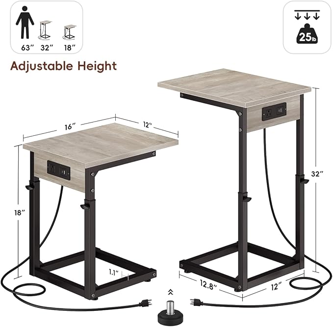 Vagusicc C Shaped End Table with Charging Station, Adjustable Height Side Table for Couch, C Table End Table Couch Table That Slide Under, Sofa Table TV Tray Arm Tables for Living Room, Bedroom, Gray