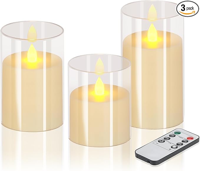 wemarry Flameless Candles 4" 5" 6" Acrylic Glass Pillars 3" Diameter Battery Operated Flickering Candles Include 8-Key Remote with Timer Function 400+ Hours (Pure White, Warm Light 3 Pack)