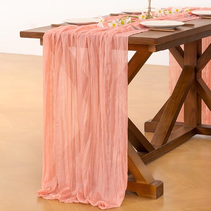 Socomi 6pcs Coral Peach Easter Spring Cheesecloth Table Runner Boho Rustic Gauze 120 inch 10FT Cheese Cloth Runner for Wedding Party Baby Shower Birthday Home Decor Holiday Decorations