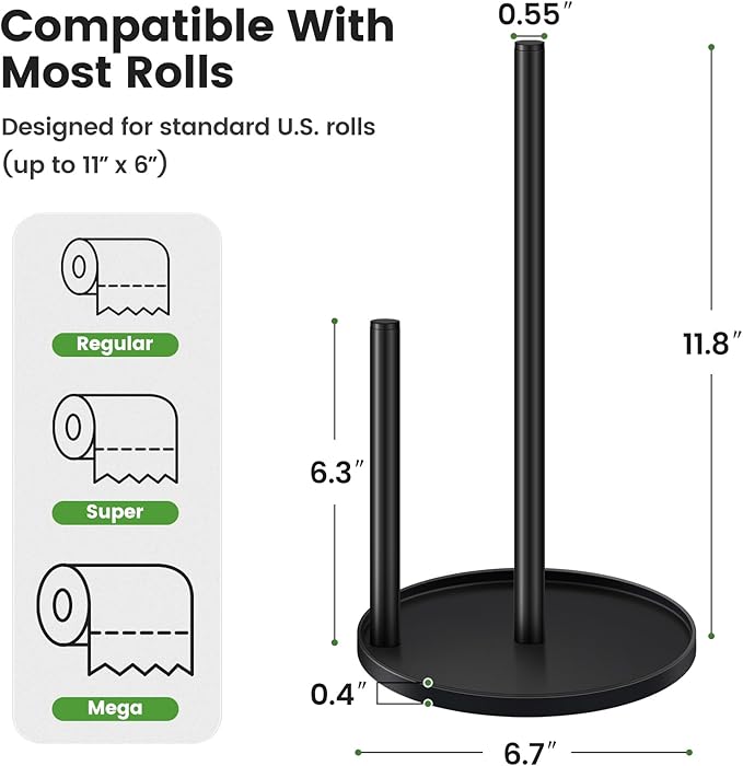 Black Paper Towel Holder Countertop, Paper Roll Holder Stand with Anti-Slip Weighted Base, Easy-Tear Papers Towel Rack Free Standing Tissue Dispenser for Bathroom Kitchen Organization RV Essentials