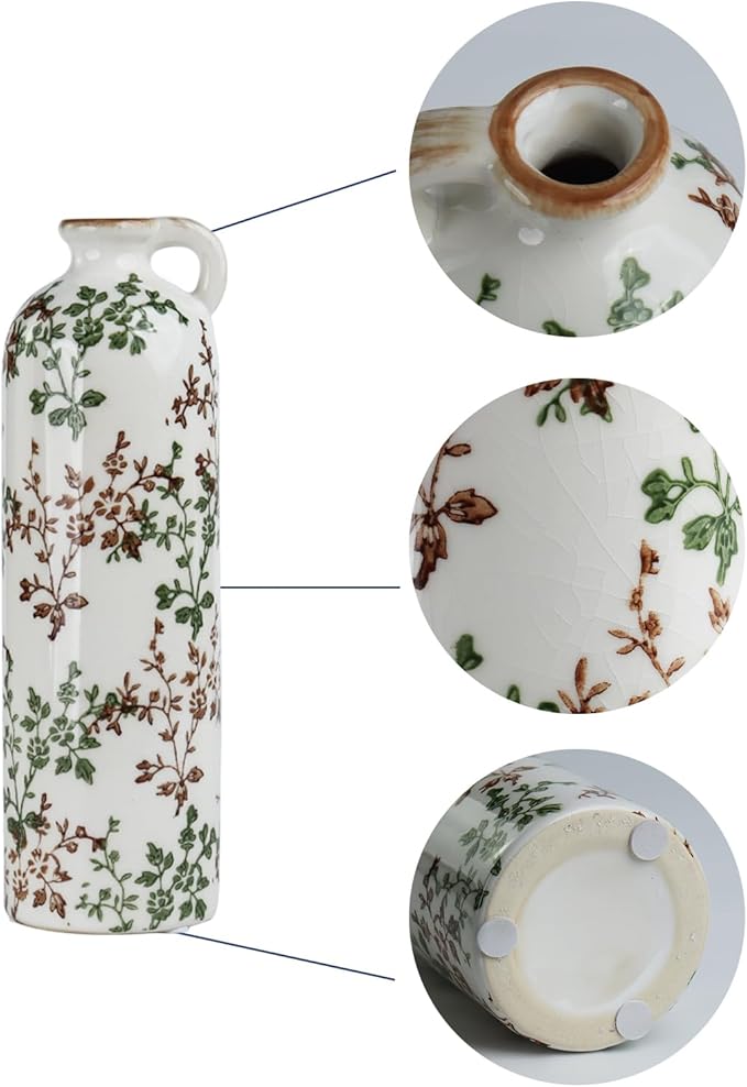 3-Piece Ceramic Jug Vase Set with Handles – Vintage Green Floral Crackle Glaze Decorative Vases for Home, Farmhouse Living Room, Shelf & Table Decor