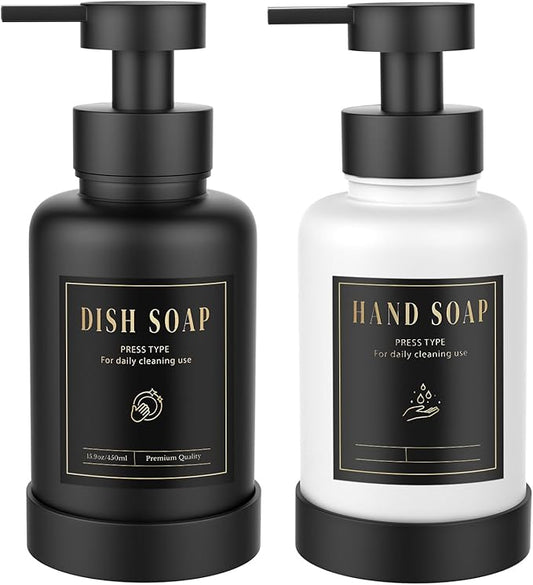 Luxspire Foaming Soap Dispenser, Glass Foam Pump Soap Dispenser, Non-Slip Hand Soap Bottle with 5 Waterproof Labels, 15 Oz Refillable Liquid Soap Bottle for Bathroom & Kitchen, Black+White, 2 Pack