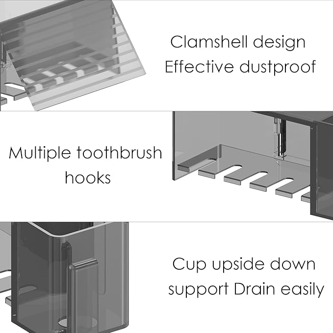 Linkidea Multifunctional Self-Adhesive Toothbrush Holder, Wall Mounted Toothbrush Holder with Lid, Toothpaste Storage Box and Toothbrush for Bathroom (Grey)